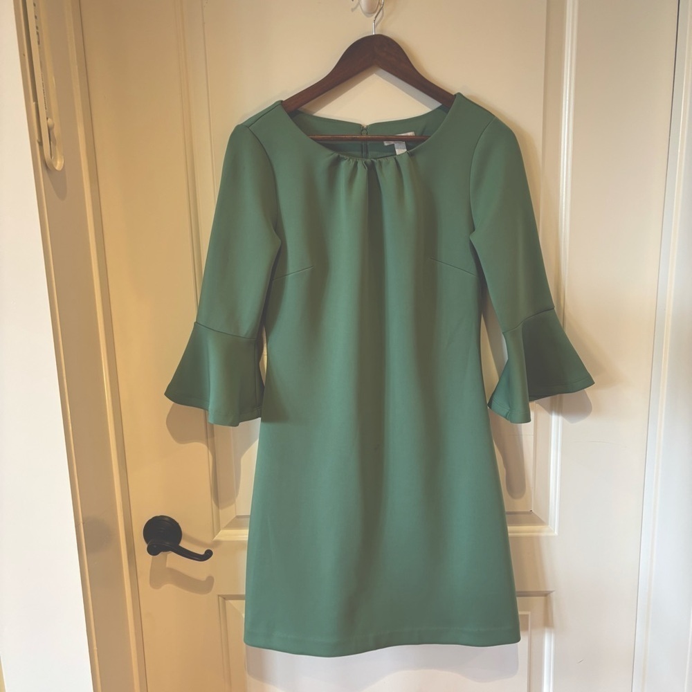 New York & Co Green Bell Sleeve Sheath Dress Small Stretch Career Work Office
